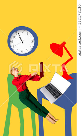 Graphic composition. Woman in red shirt and green pants working with laptop under large wall clock Graphic composition. Woman in red shirt and green pants working with laptop under large wall clock 132178130