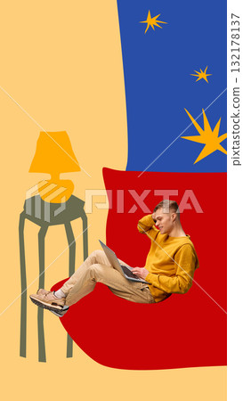 Collage art. Smiling man in yellow sweatshirt working on laptop on red couch with colorful interior 132178137