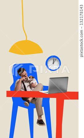 Bold colorful poster. Man with laptop holding dog sitting on blue chair under yellow lamp with clock 132178143