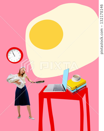 Vibrant poster. Woman juggling housework and laptop under fried egg clock symbolizing morning routine Vibrant poster. Woman juggling housework and laptop under fried egg clock symbolizing morning routine 132178146