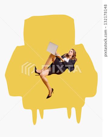 Minimalist collage. Businesswoman in black suit balancing with laptop on yellow abstract chair shape 132178148