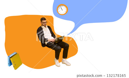 Surreal collage art. Man sitting with laptop and speech bubble with clock symbolizing time management 132178165