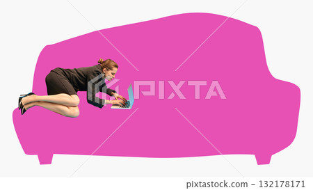 Minimalist collage. Businesswoman in black outfit typing on laptop while lying on pink sofa silhouette 132178171