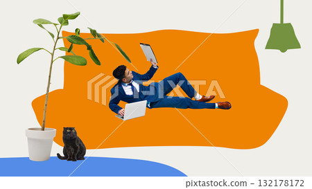 Creative digital artwork. Man in blue suit working with laptop on orange sofa near cat and plant 132178172