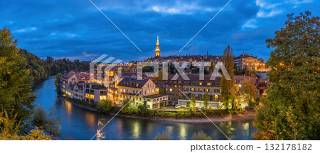 Bern (Berne) Switzerland, panorama sunset city skyline at old town and Aare River in autumn season 132178182