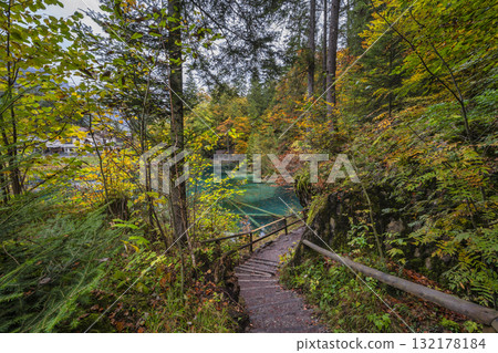 Blausee Switzerland, nature landscape at blue lake in autumn season 132178184