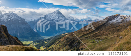 Nature landscape panorama of Swiss Alps mountain range at Eiger and Wetterhorn peak view from Grindelwald First 132178191