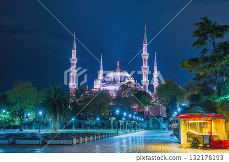 Istanbul Turkiye (Turkey), night city skyline at The Blue Mosque Sultan Ahmet Camii 132178193