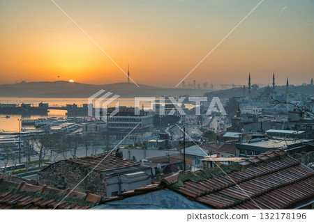 Istanbul Turkiye (Turkey), city skyline sunrise at Golden Horn and Bosphorus Strait 132178196