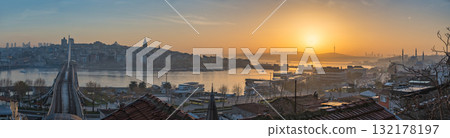 Istanbul Turkiye (Turkey), panorama city skyline sunrise at Golden Horn and Bosphorus Strait 132178197