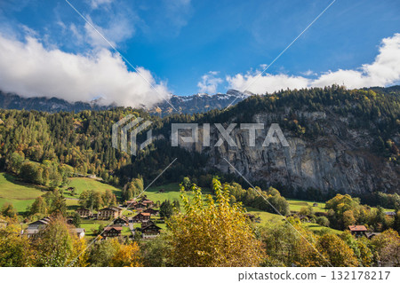 Lauterbrunnen Switzerland, autumn season at village valley Lauterbrunnen Switzerland, autumn season at village valley 132178217