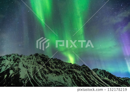 Lofoten Norway, aurora borealis northern lights winter landscape at Gimsoystraumen Rasteplas Lofoten Norway, aurora borealis northern lights winter landscape at Gimsoystraumen Rasteplas 132178219