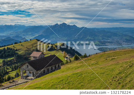 Rigi Kulm Switzerland, view of Pilatus mountain peak and Lake Lucerne (Luzern) 132178224