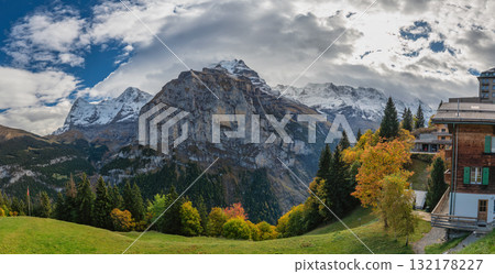 Murren Switzerland, panorama view of Jungfrau Monch and Eiger mountain peak in autumn season Murren Switzerland, panorama view of Jungfrau Monch and Eiger mountain peak in autumn season 132178227