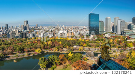 Osaka Japan, panorama city skyline at Osaka Castle in autumn season 132178241