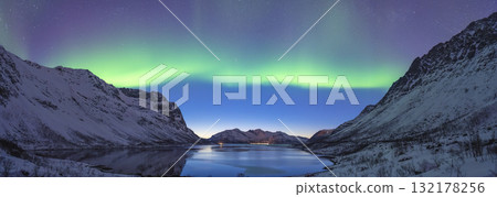 Tromso Norway aurora borealis northern lights panorama winter landscape at Grotfjord Tromso Norway aurora borealis northern lights panorama winter landscape at Grotfjord 132178256