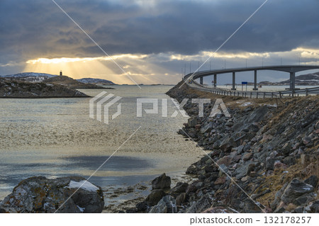 Tromso Norway, sunset winter nature landscape at Sommaroy bridge 132178257