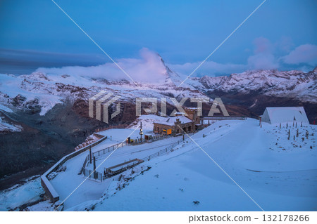 Zermatt Switzerland, view of Matterhorn mountain peak and Gornergrat bahn train in winter season 132178266