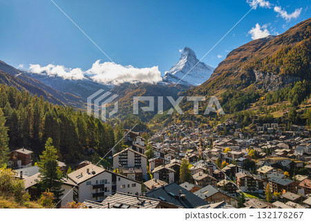 Zermatt Switzerland, city skyline at valley and Matterhorn mountain peak in autumn season 132178267