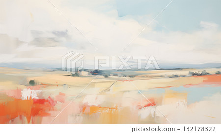 Minimalist landscape art with distant hills and clouds 132178322