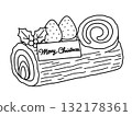A cute black and white line drawing of a hand-drawn Buche de Noel (with strawberry and holly decorations) 132178361