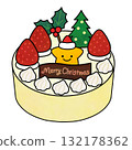 Cute hand-drawn Christmas cake illustration (strawberries, stars, and tree decorations) 132178362