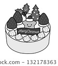 Monochrome hand-drawn Christmas cake illustration (strawberries, stars, and tree decorations) 132178363