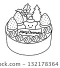 Black and white line drawing of a hand-drawn Christmas cake illustration (strawberries, stars, and tree decorations) 132178364