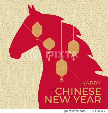 Festive Chinese New Year greeting card featuring a silhouette of a horse with a mane decorated with lanterns. 2026 is the Year of the Horse. Vector illustration 132178377