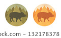 Round emblems with a wild boar silhouette on forest background. Wild pig. Forest animal. Vector illustration 132178378