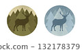 Round emblems with a deer silhouette on forest background. Forest animal. Vector illustration 132178379