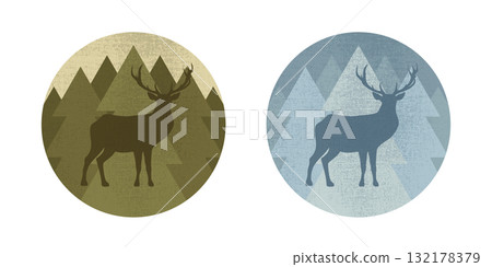 Round emblems with a deer silhouette on forest background. Forest animal. Vector illustration 132178379