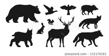 Silhouettes of forest animals and birds isolated on white background. Wild pig silhouette. Vector illustration 132178381