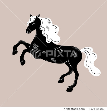 Cute hand drawn horse. Cartoon pony in black and white colors. Vector illustration 132178382