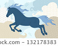 Hand drawn horse in clouds decorated with Asian pattern. Vector illustration 132178383