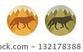 Round emblems with a wolf silhouette on forest background. Forest animal. Vector illustration 132178388