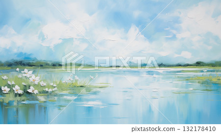 Serene lake landscape art with white flowers 132178410