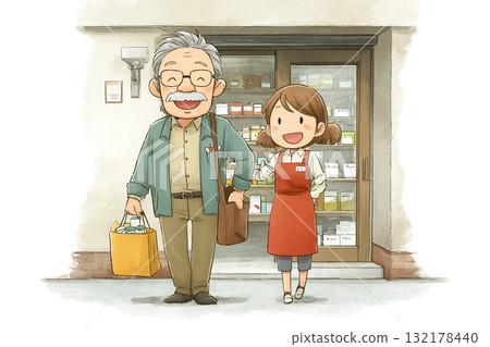 A caregiver helps an elderly person put their medicine in a medicine bag and take it home A caregiver helps an elderly person put their medicine in a medicine bag and take it home 132178440