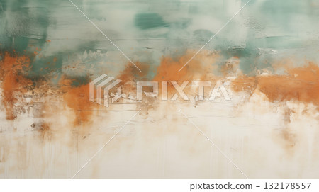 Abstract landscape art painting in green and orange hues 132178557