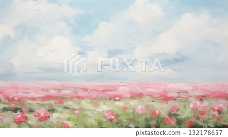 Minimalist landscape painting of a pink flower field, set against a backdrop of a blue sky 132178657