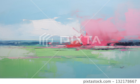 Pink sunset over green field, minimalist abstract landscape 132178667