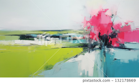 Abstract landscape art vibrant pink bloom against a backdrop of green and blue fields 132178669