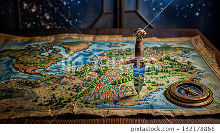 The call of adventure map, sword, and stars. An intricately detailed fantasy map lies on a wooden table, portraying diverse landscapes including forests, mountains, and cities.  132178868