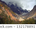 Chalaadi Glacier, ice, glacial flour, moraine, and snow in the Caucasus Mountains. Mestia, Svaneti, Georgia. 132178891