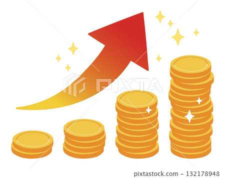 An upward arrow representing growth and a coin tower rising to the right. 132178948