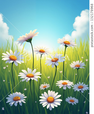 A field of chamomile flowers in a bright summer day. 132178968