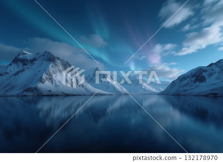 Northern lights at night over mountains and lake, beautiful winter landscape 132178970
