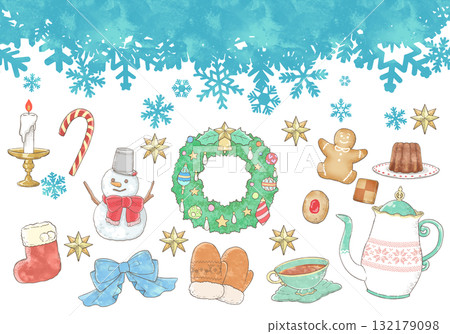 手繪冬季聖誕雜貨卡通組（餅乾、蠟燭、雪花等） 132179098