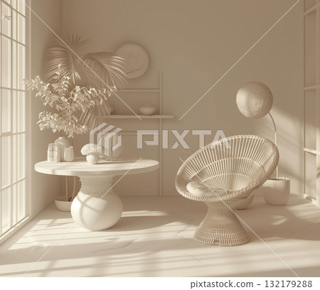 Modern interior design with wicker chair and round table 132179288