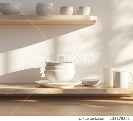 White ceramic bowls and pitchers on a modern shelf 132179291